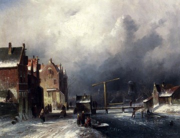 チャールズ・ライカート Painting - 凍った運河の風景のほとりのオランダの町の人物たち チャールズ・ライカート